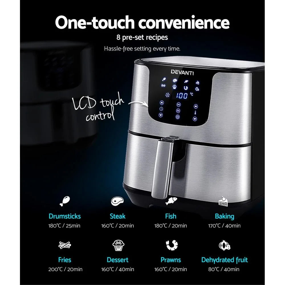 Devanti Air Fryer opened showing large 7-liter cooking basket inside.