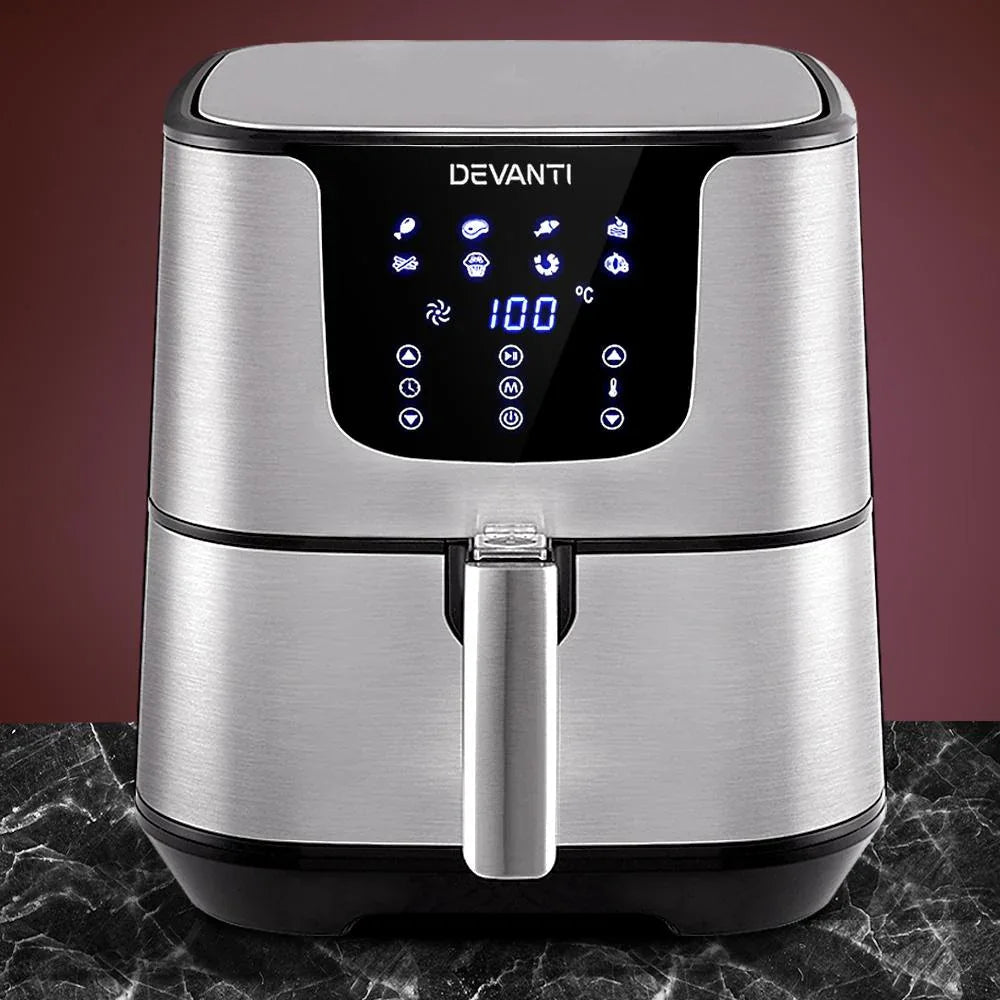 Devanti Air Fryer with user manual and accessories on kitchen countertop.