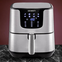 Devanti Air Fryer with user manual and accessories on kitchen countertop.