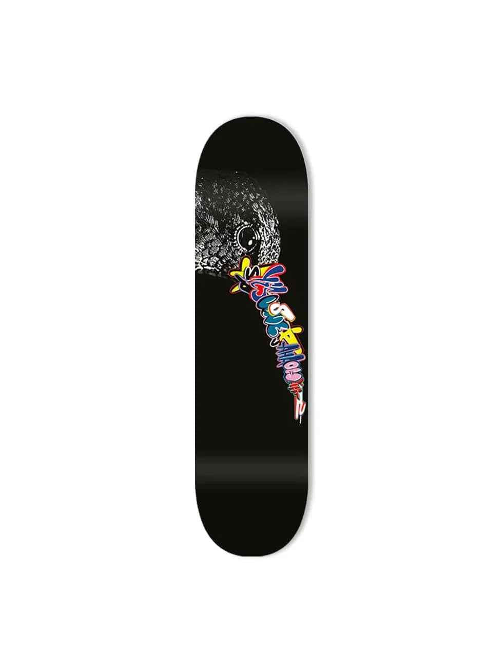 White skateboard deck featuring colorful graffiti-style hummingbird artwork
