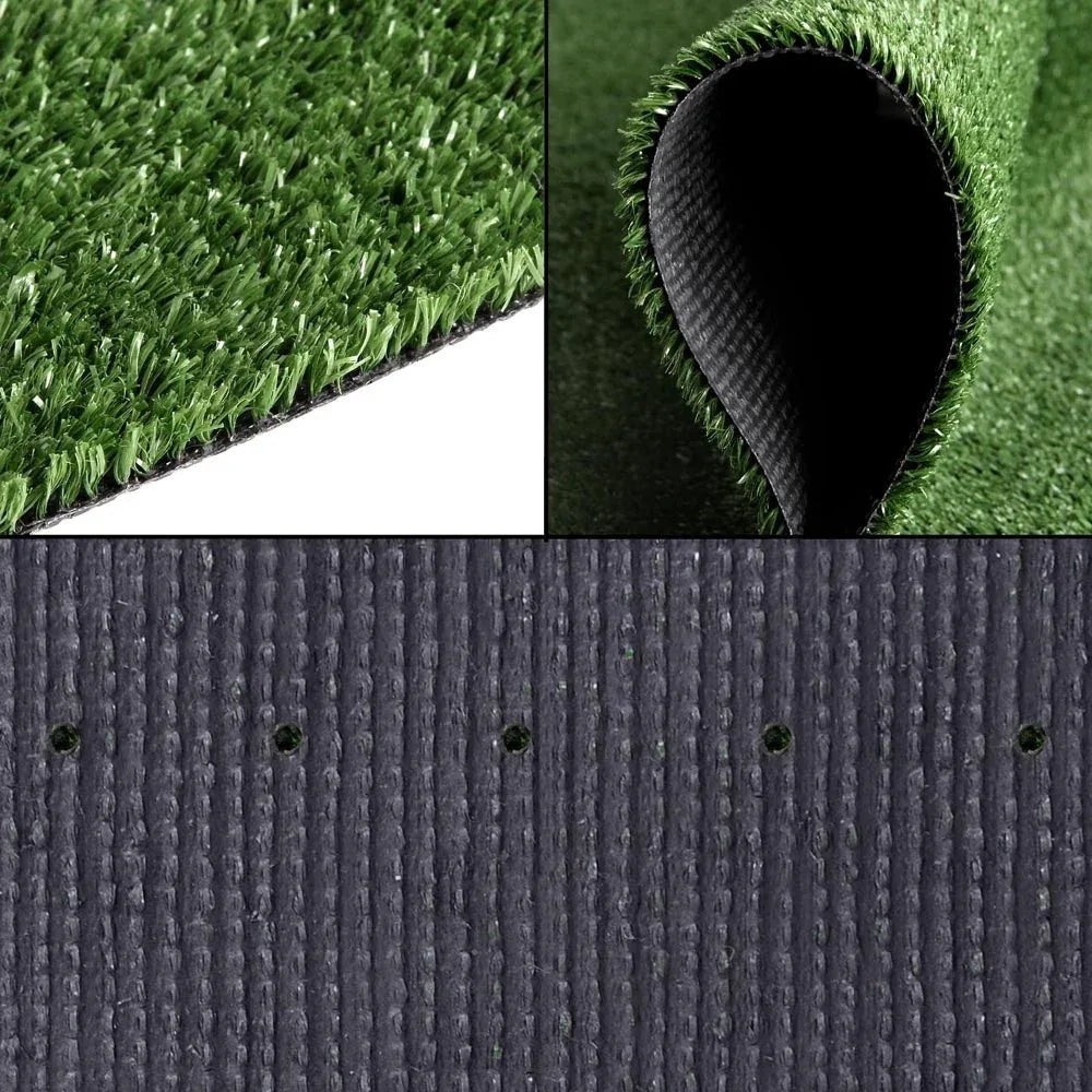 Close focus on artificial grass fibers showing their realistic color and texture.