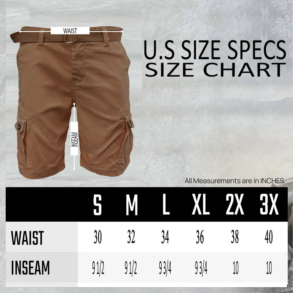 Size chart for men's belted cargo shorts with waist measurements and sizes.