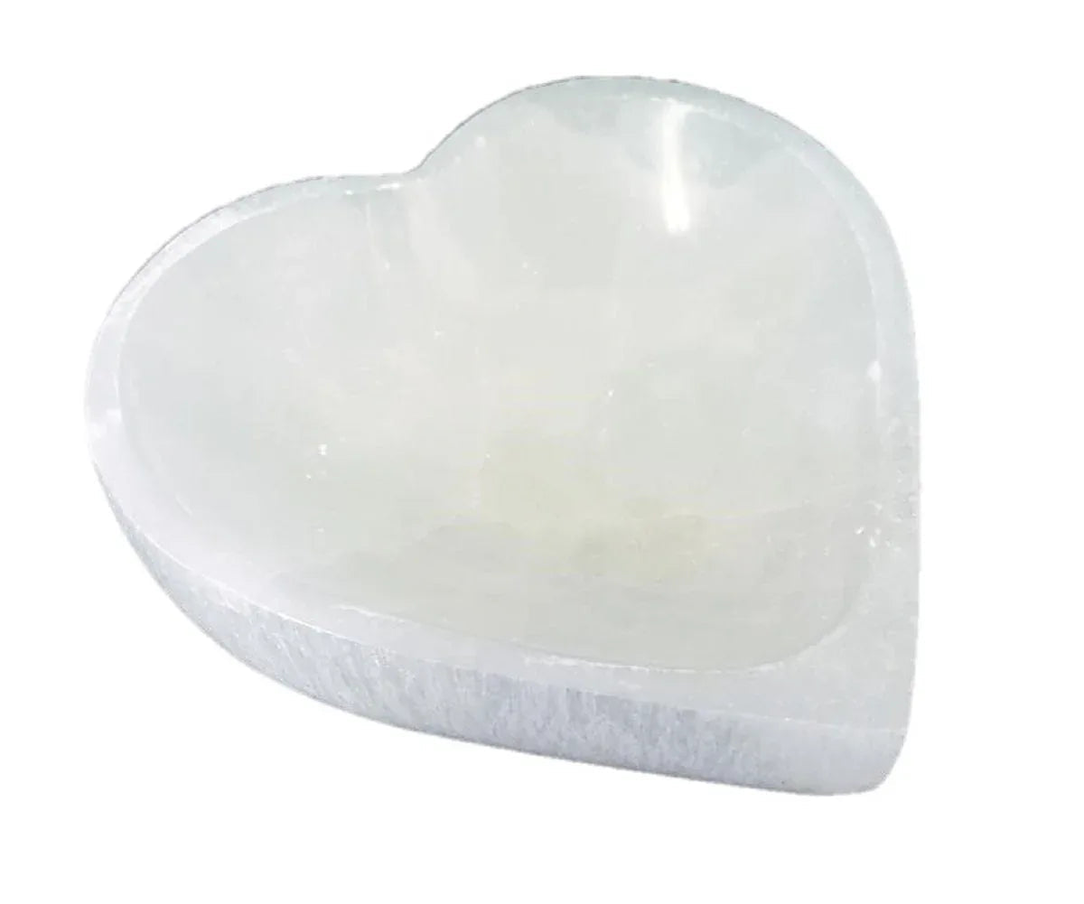 Hand carved Selenite heart-shaped bowl about 4 inches, natural white with subtle texture, used for crystals or jewelry