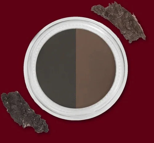 Black eyebrow gel shade named Abracadabra in open jar next to angled brush