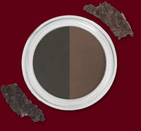 Black eyebrow gel shade named Abracadabra in open jar next to angled brush