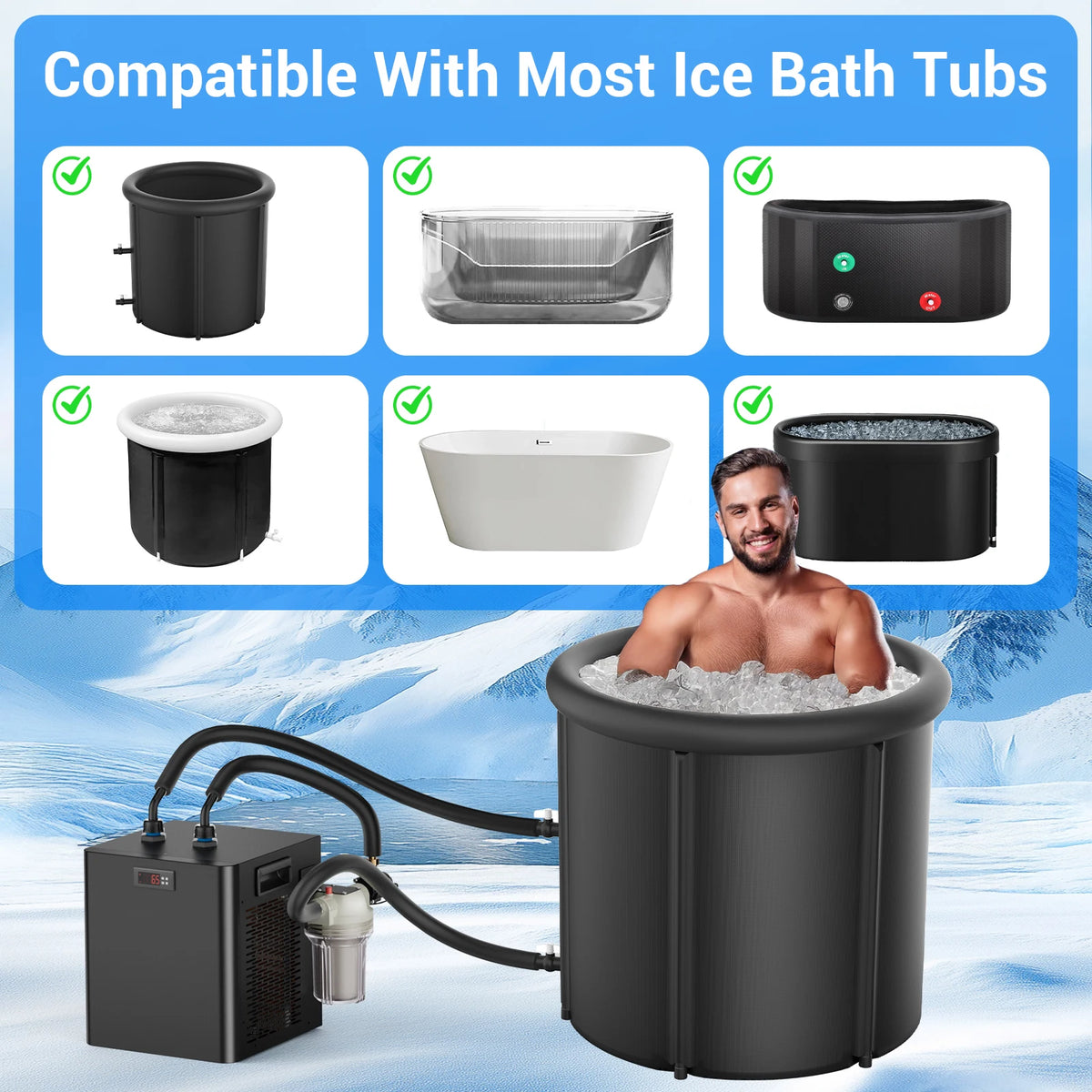 Cold plunge chiller compatible with most ice bath tubs