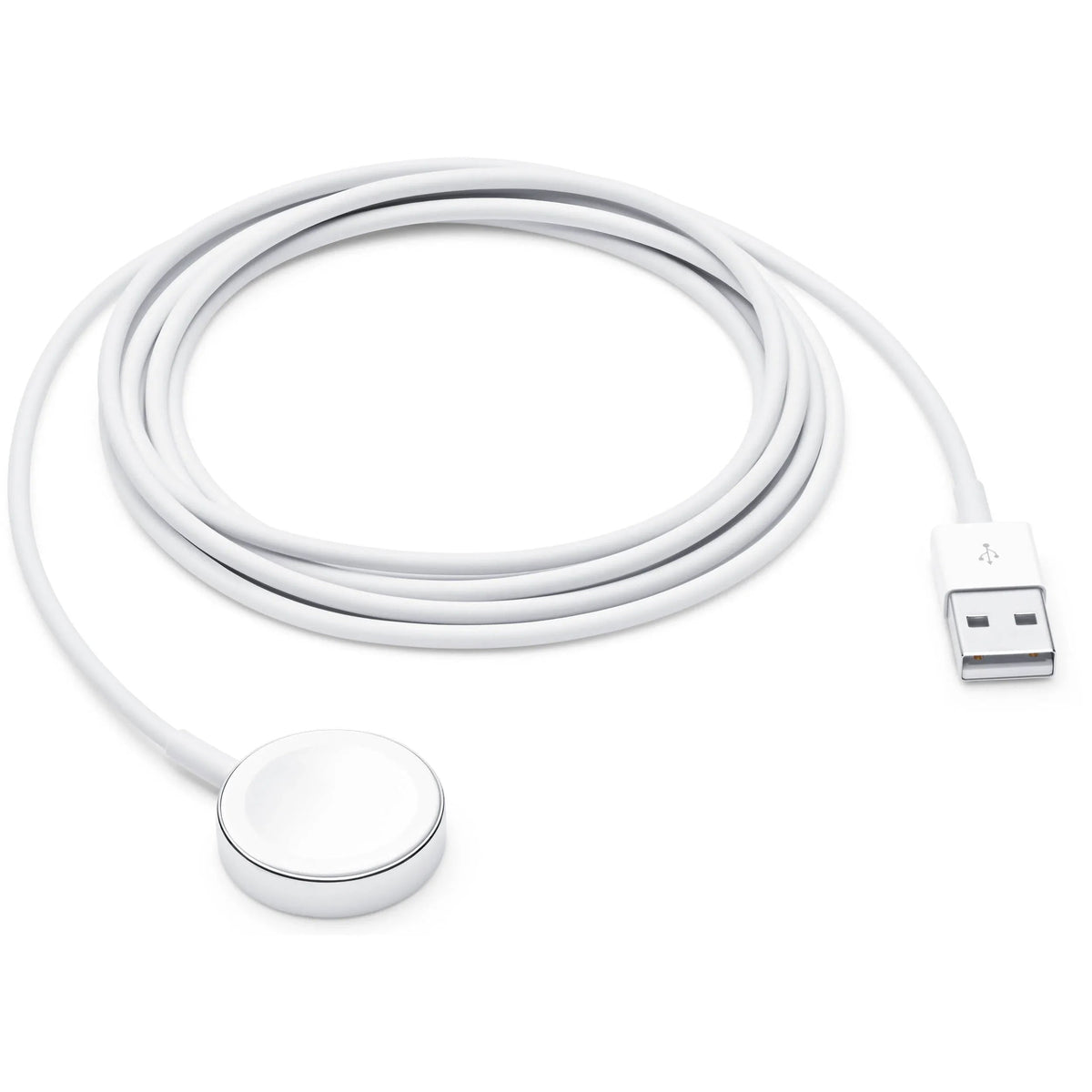 Magnetic charger cable compatible with Apple Watch Series 1 to 5, shown with a silver Apple Watch on a white background