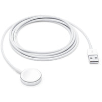 Magnetic charger cable compatible with Apple Watch Series 1 to 5, shown with a silver Apple Watch on a white background