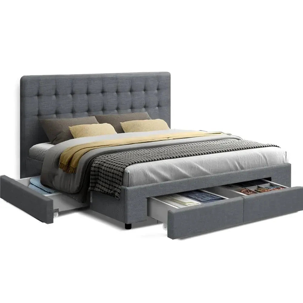 Grey king size bed frame with padded faux linen upholstery and tufted headboard in a modern bedroom.