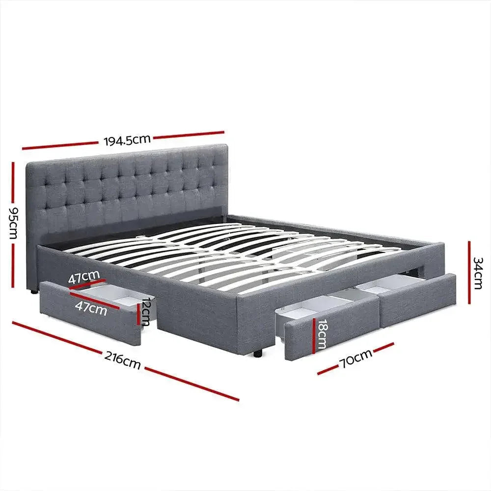 Side view of grey fabric bed frame showing wooden arched slat base and centre support strut.