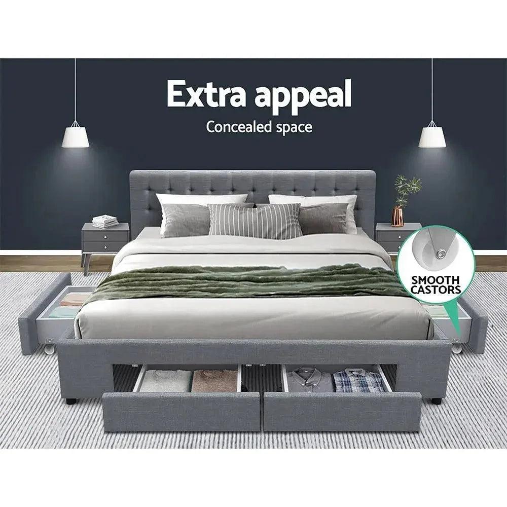 Open grey storage drawer from king size bed frame illustrating roomy under-bed storage space.