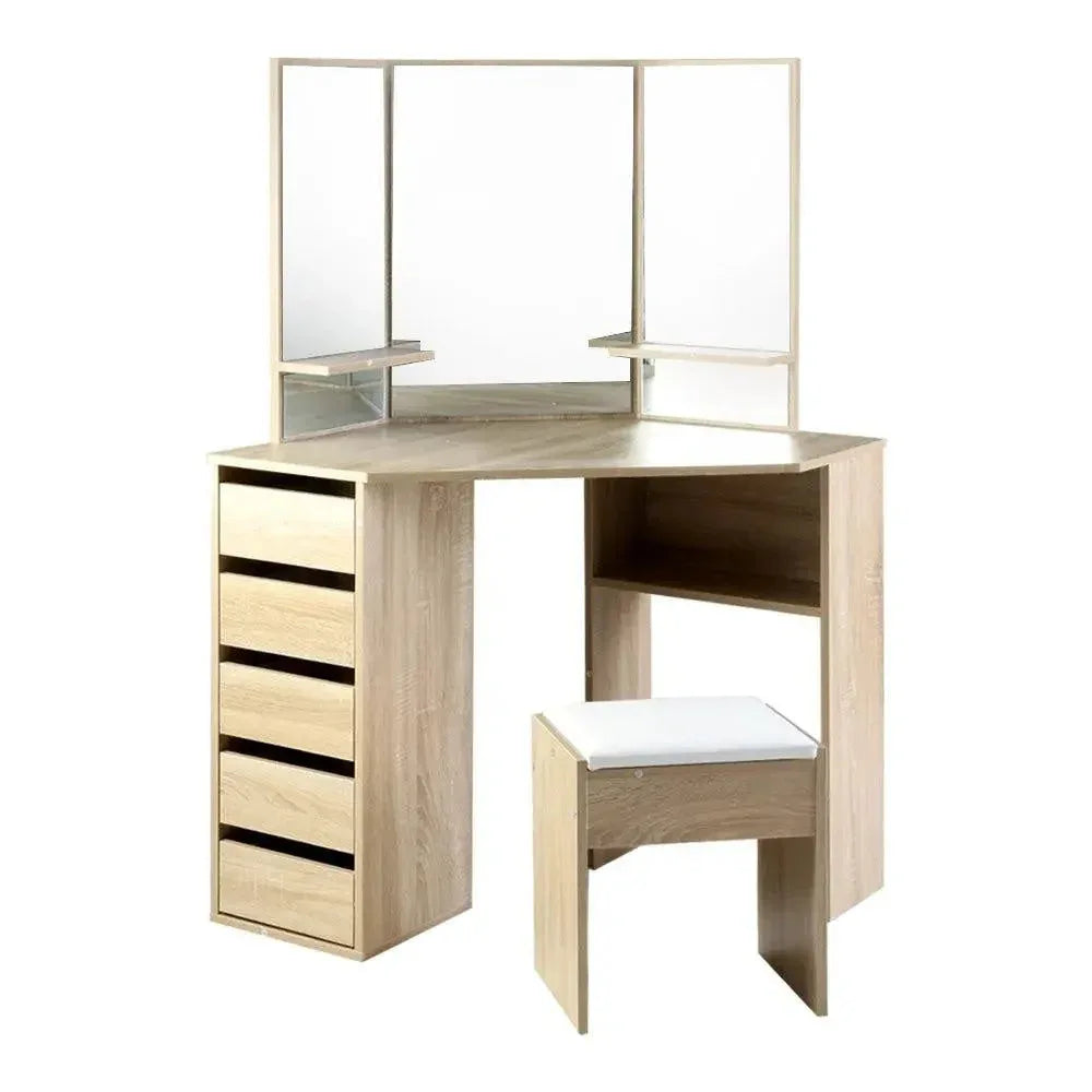 Artiss corner dressing table set with three-panel mirror and padded stool in oak finish