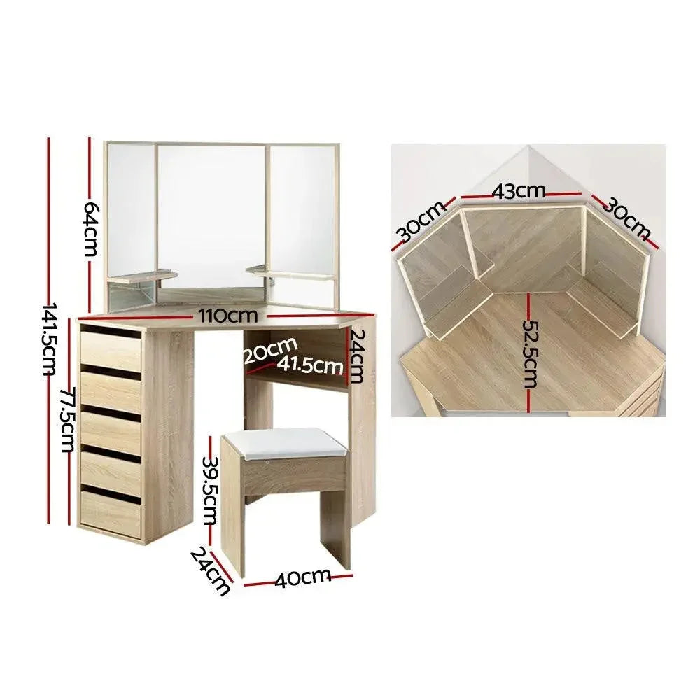 Side view of Artiss oak corner vanity table showing spacious drawers and open shelves
