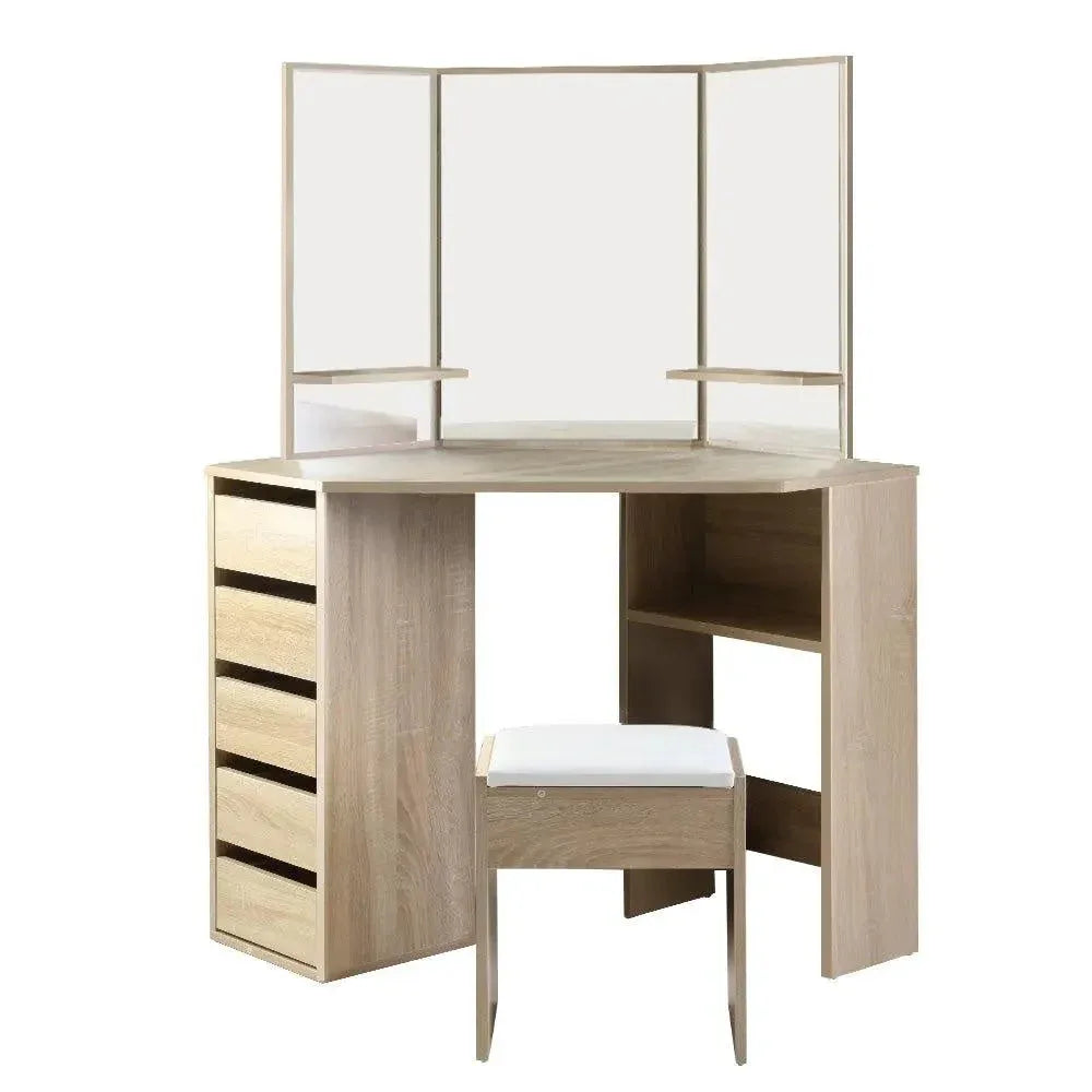 Front view of Artiss makeup vanity desk with three-panel mirror and thick padded stool