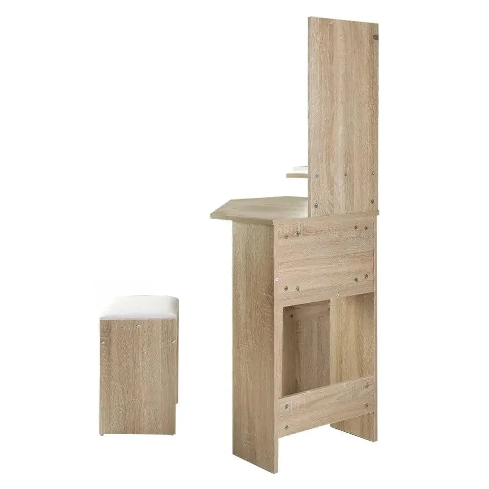 Close-up of oak corner dressing table drawer handles and wood texture