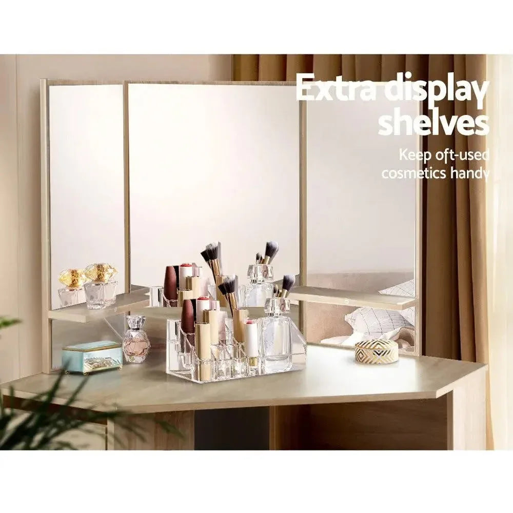Artiss vanity desk with large three-panel mirror and multiple storage drawers