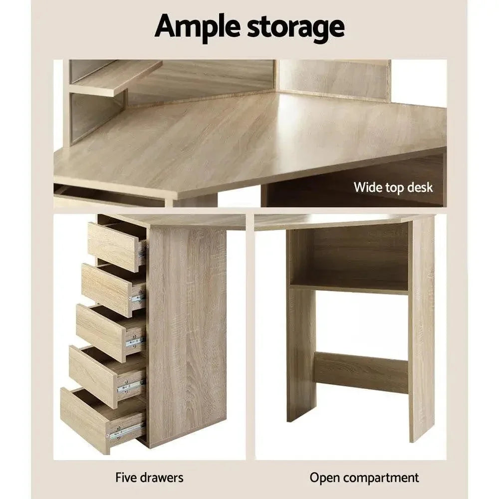 Padded dressing stool placed in front of oak makeup vanity desk with mirror