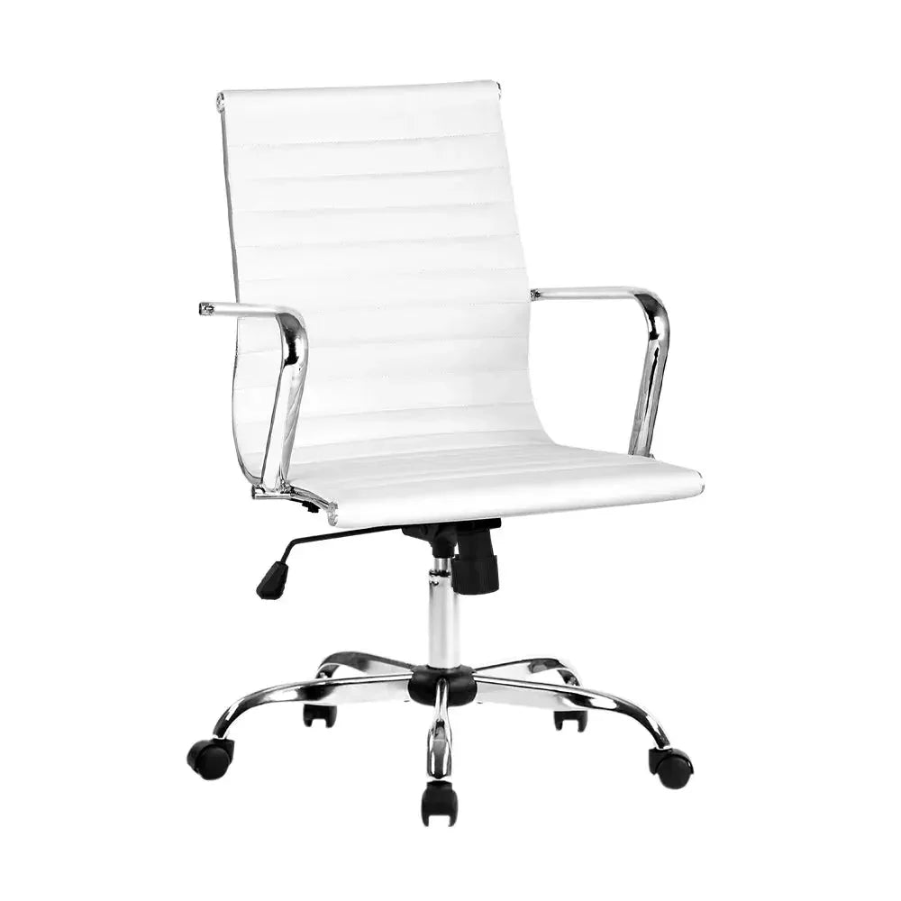 White Artiss gaming office chair with white faux leather upholstery and mid-back design on a black base with wheels.