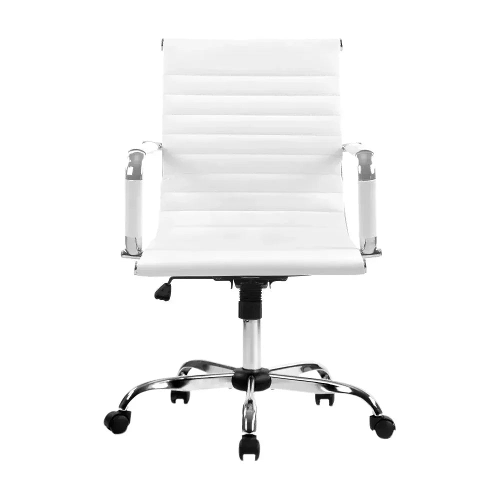 Close-up of the white faux leather seat and padded armrests of the Artiss computer desk chair.