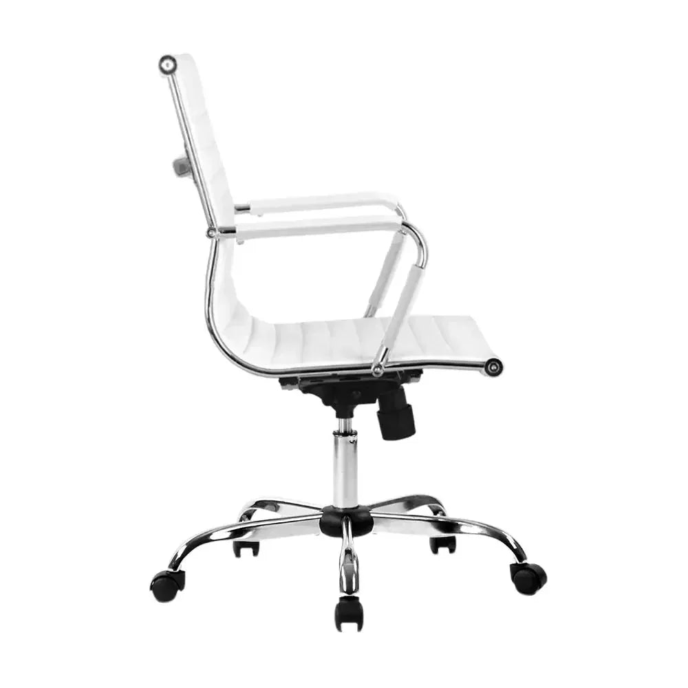 Artiss white office chair shown from angled front highlighting ergonomic mid-back and tilt mechanism.