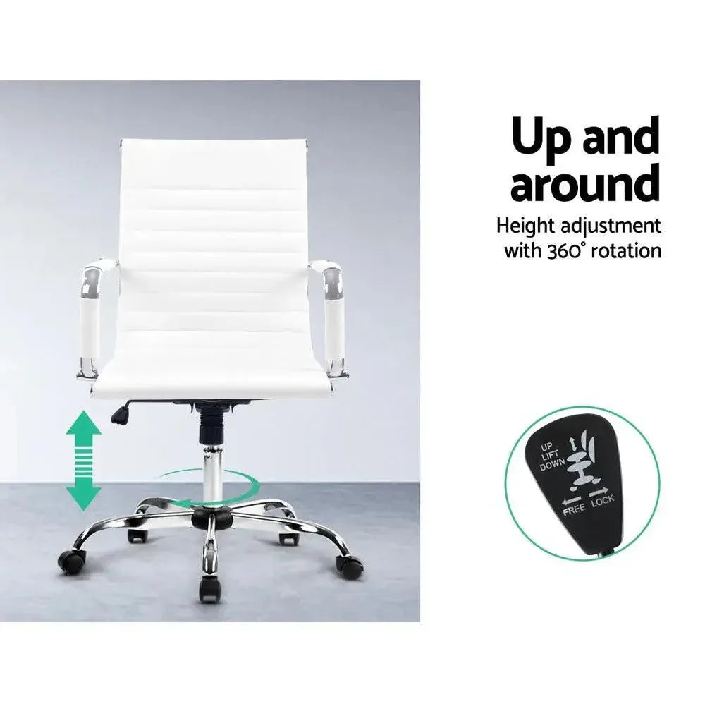 Artiss white office chair with mid-back detail, set on black five-star base with caster wheels.
