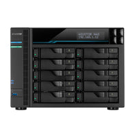 ASUSTOR AS7110T 10-bay NAS device with multiple Ethernet and USB ports shown from front angle