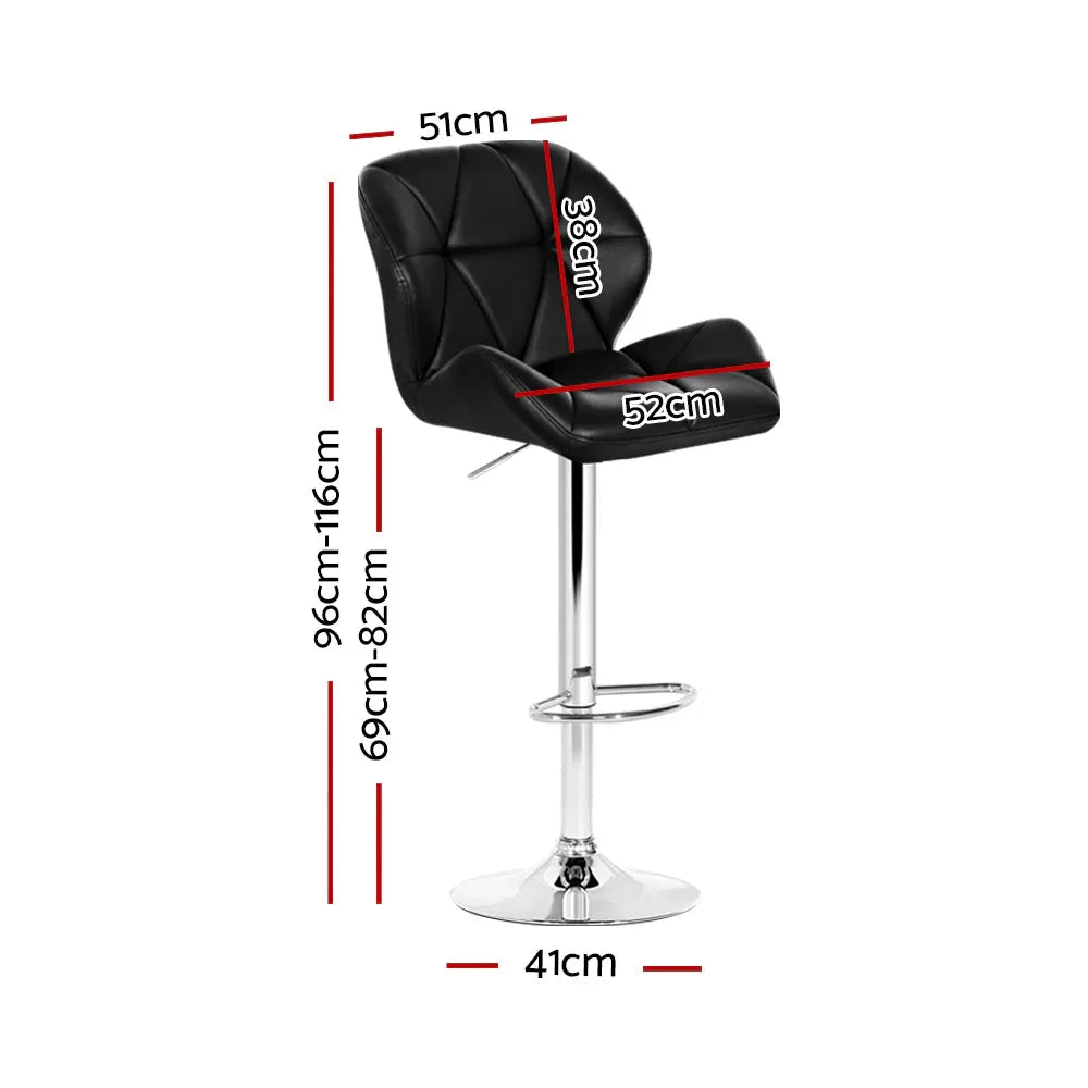 Black kitchen bar stool with cushioned seat and chrome base on a white background, showing adjustable height lever
