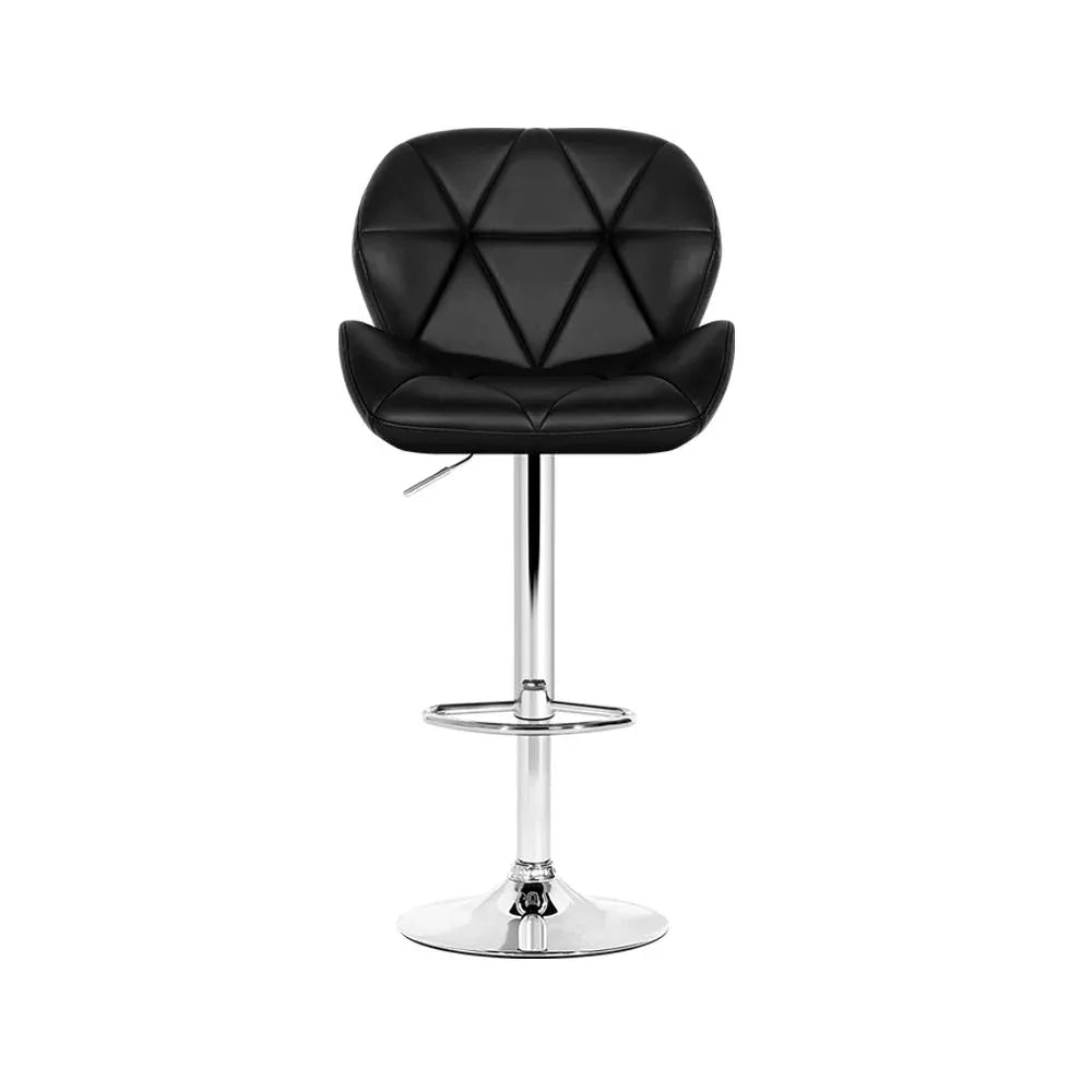 Side view of a black and chrome adjustable height kitchen bar stool with padded faux leather seat.