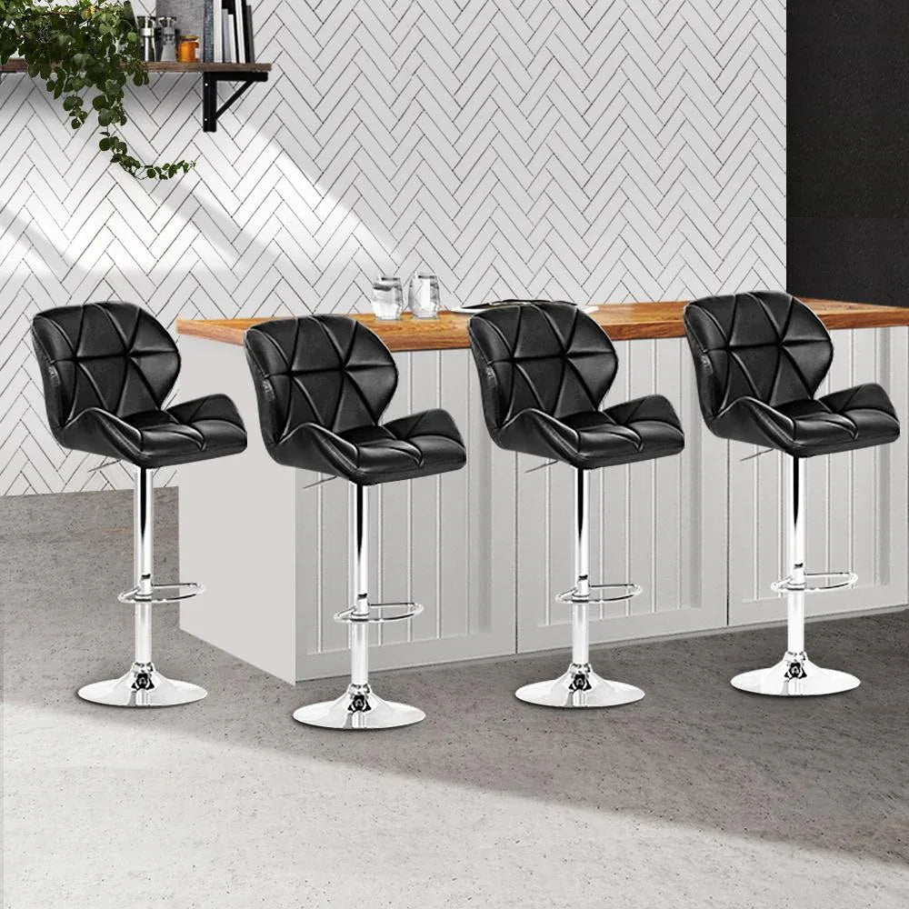 Swivel kitchen bar stool with black faux leather seat and stable wide chrome base.