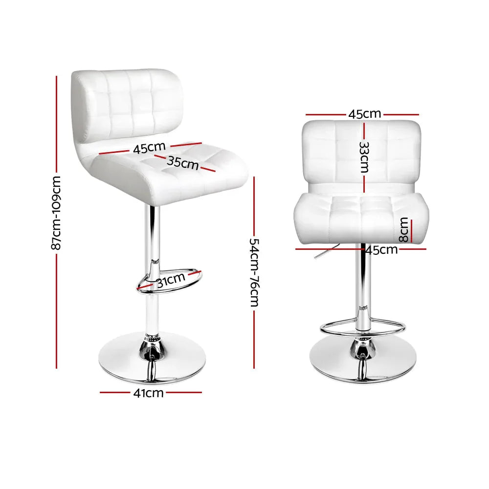 Side view of white PU leather bar stool highlighting plush padded seat and chrome footrest.