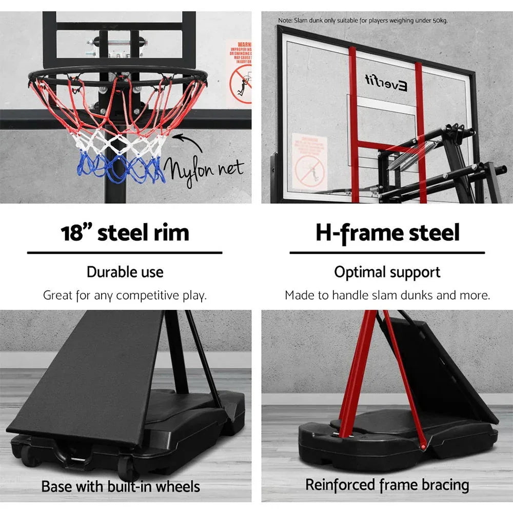 Detail of the clear shatterproof backboard on the Everfit portable basketball ring.