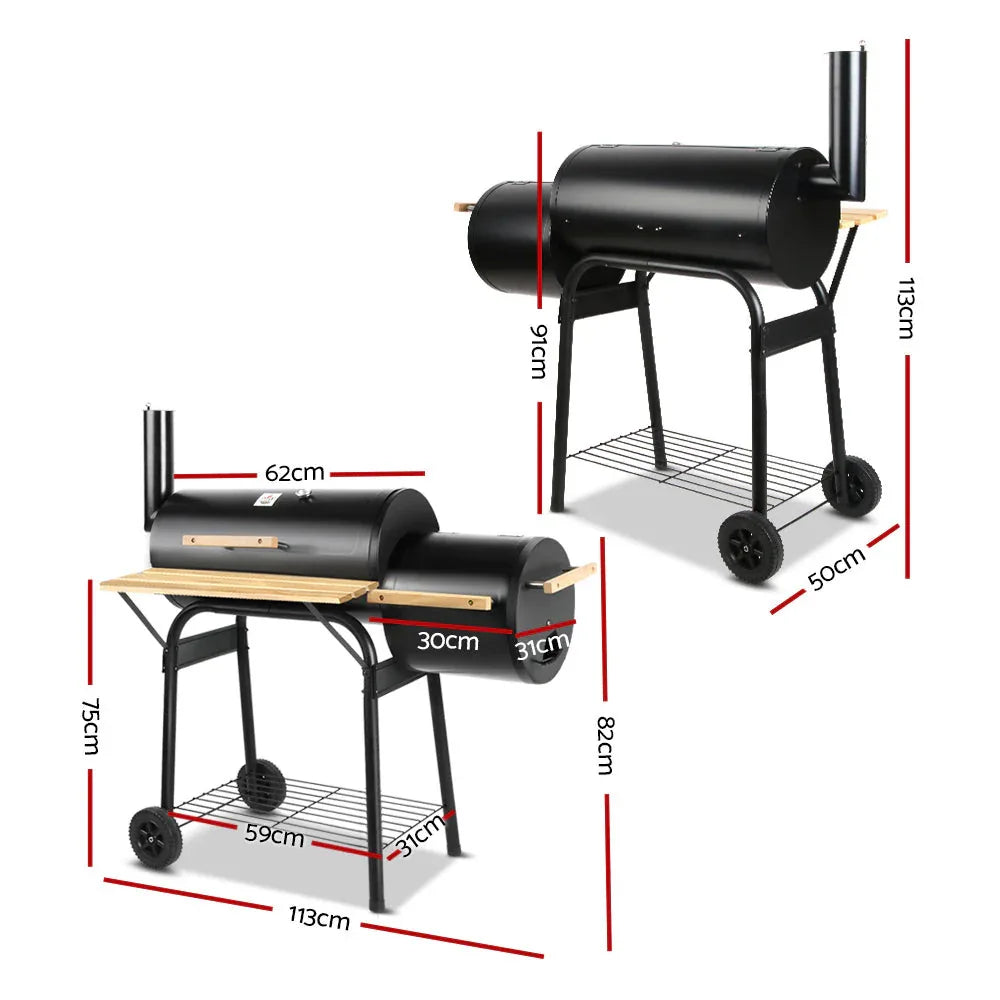 Top view of the Offset BBQ Smoker showing cooking grates and integrated thermometer on lid
