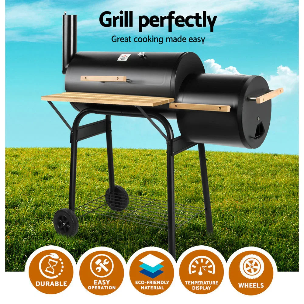 Side profile of the black BBQ smoker highlighting the sealed cooking chamber