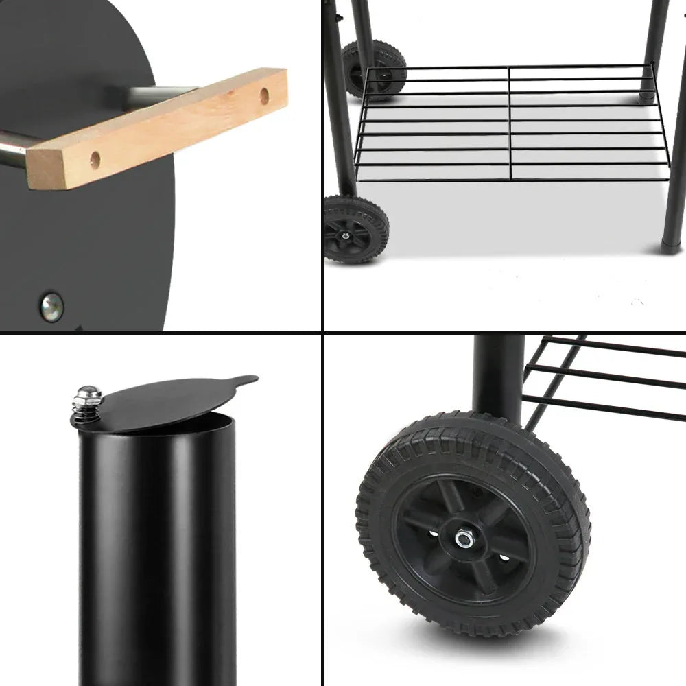 Offset BBQ smoker showing sturdy legs and handle for mobility