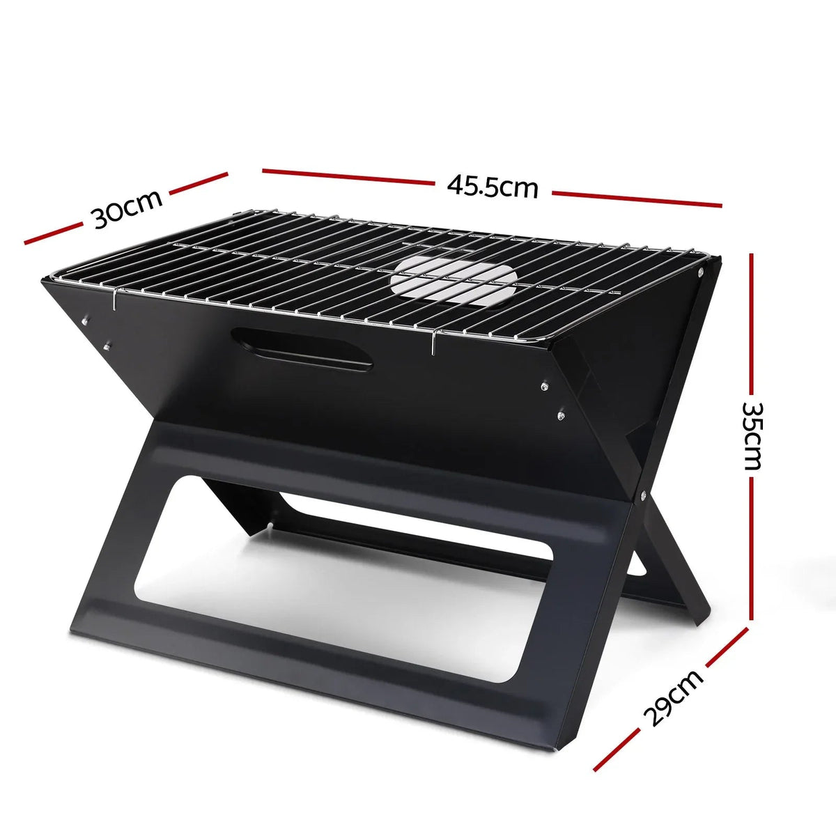 Side view of portable charcoal BBQ grill showing sturdy three-leg design and handle
