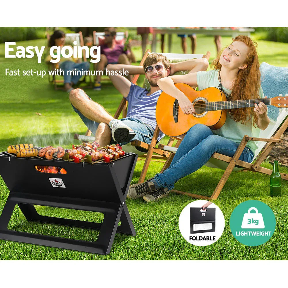 Collapsible portable charcoal BBQ grill disassembled showing parts and structure