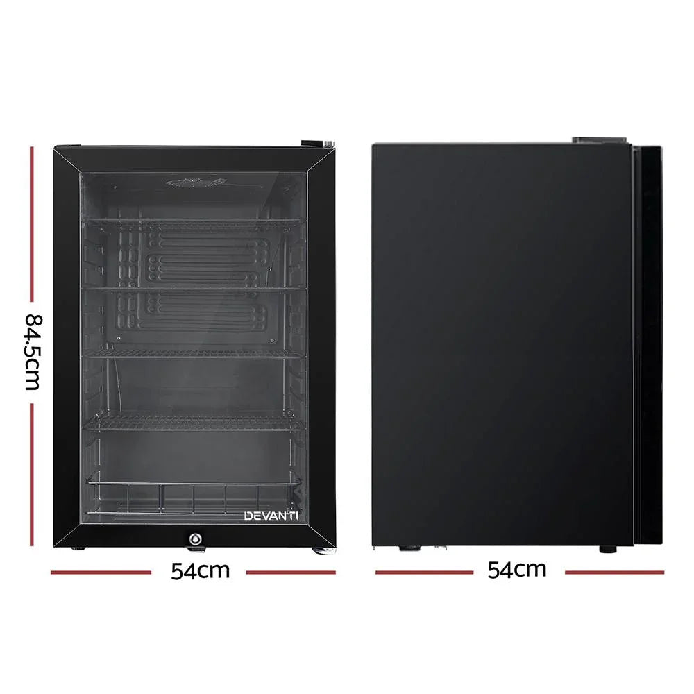 Side angle of Devanti bar fridge highlighting its sleek black finish and sturdy handle design.