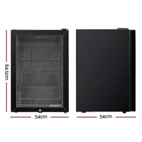 Side angle of Devanti bar fridge highlighting its sleek black finish and sturdy handle design.