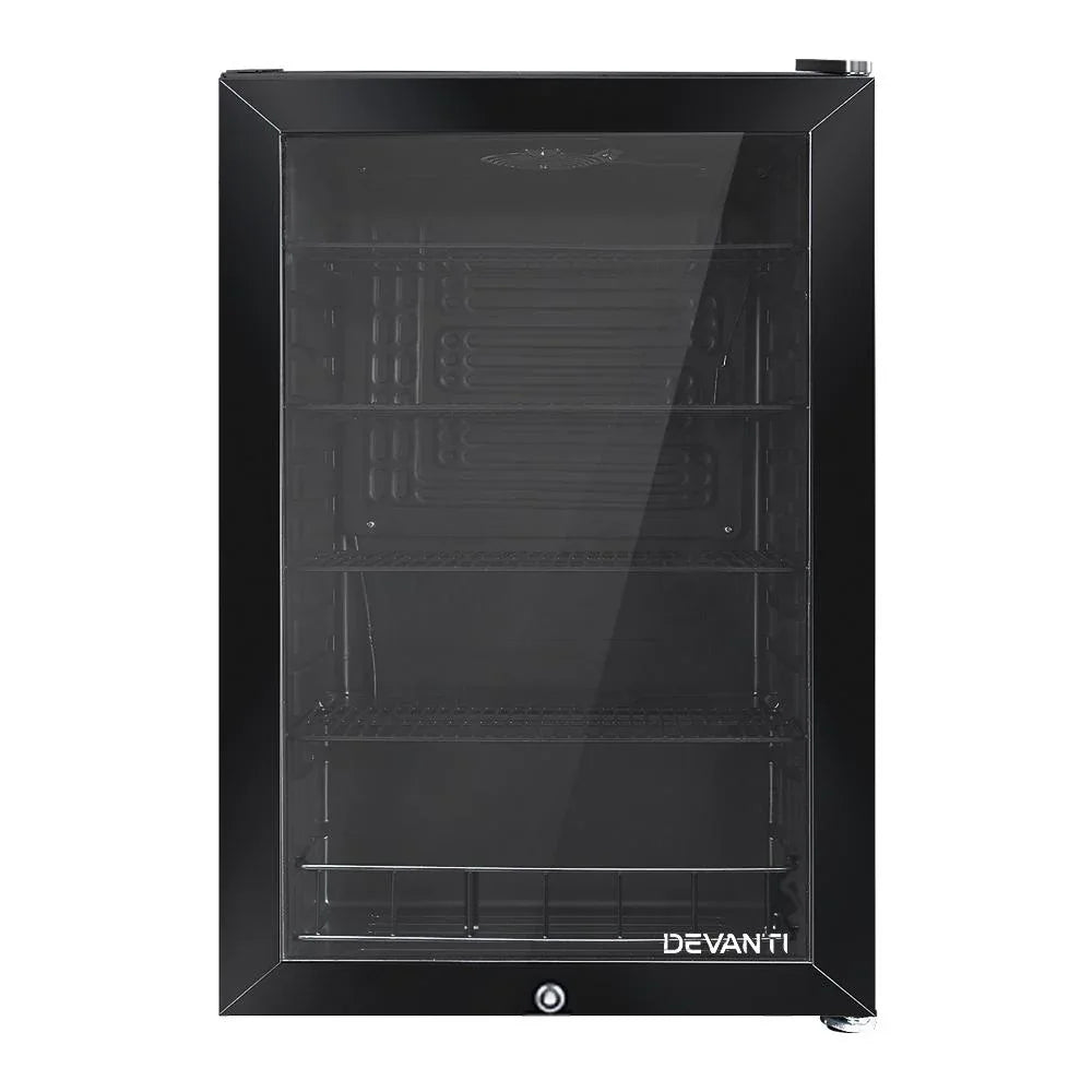 Open Devanti mini freezer fridge revealing adjustable shelves filled with drinks and snacks.