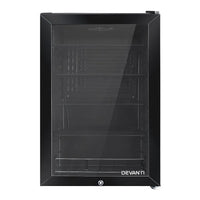 Open Devanti mini freezer fridge revealing adjustable shelves filled with drinks and snacks.