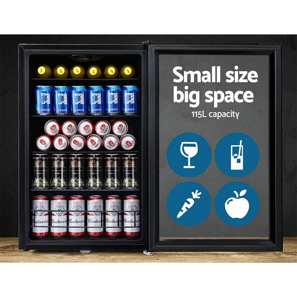 Top view showing the thick double-glazed glass door and compact countertop size of the fridge.