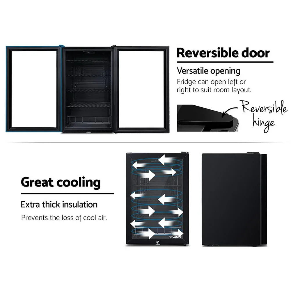 Devanti 115L bar fridge standing on kitchen countertop next to beverages and snacks.