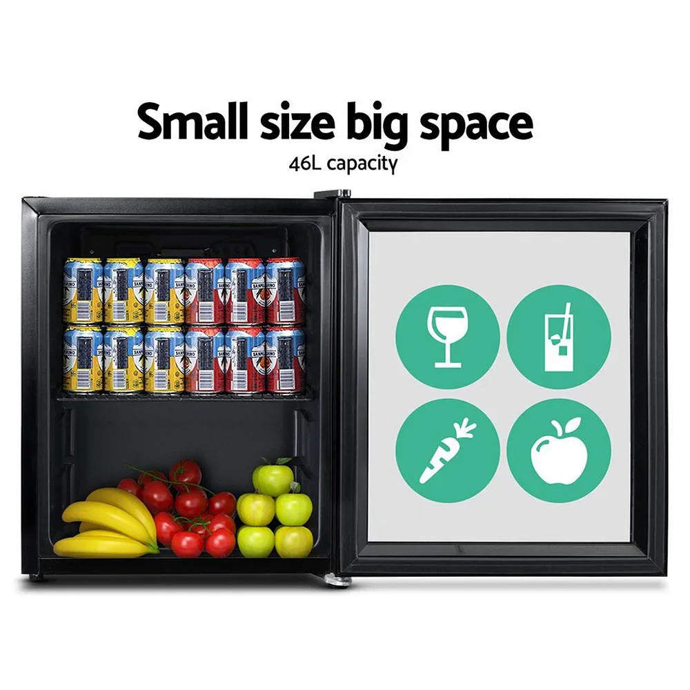Interior view of Devanti fridge with beverages and food items inside