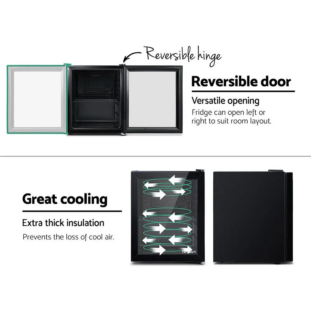 Reversible door feature demonstrated on Devanti mini fridge