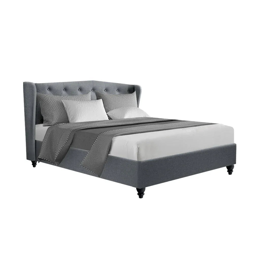 Front view of Artiss Pier double bed frame in grey fabric with winged upholstered headboard.