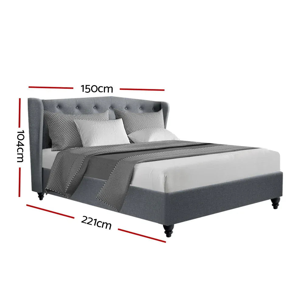 Side angle of grey Artiss Pier bed frame showing padded wing headboard and linen fabric texture.