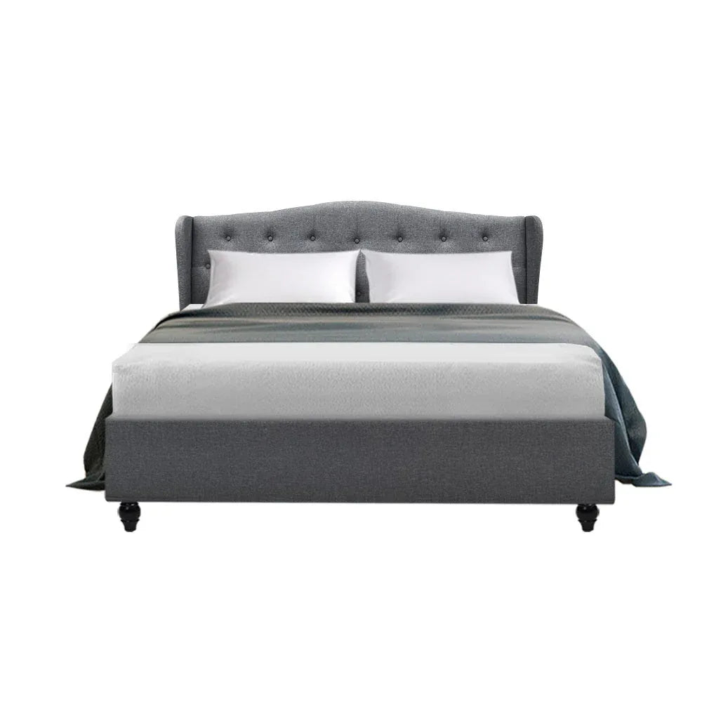 Close-up of tufted wingback pattern on grey upholstered Artiss Pier bed frame.