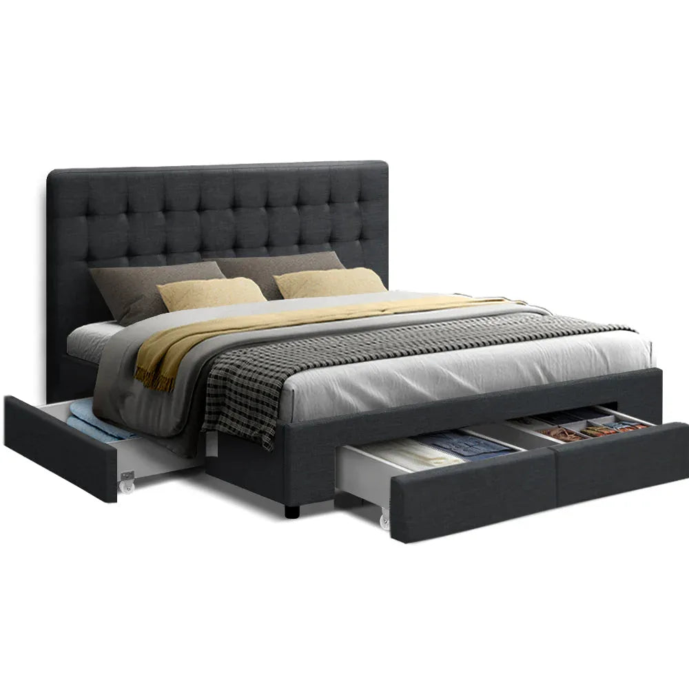 Charcoal fabric double bed frame with tufted headboard and storage drawers in bedroom setting.