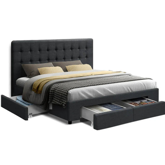 Charcoal fabric double bed frame with tufted headboard and storage drawers in bedroom setting.