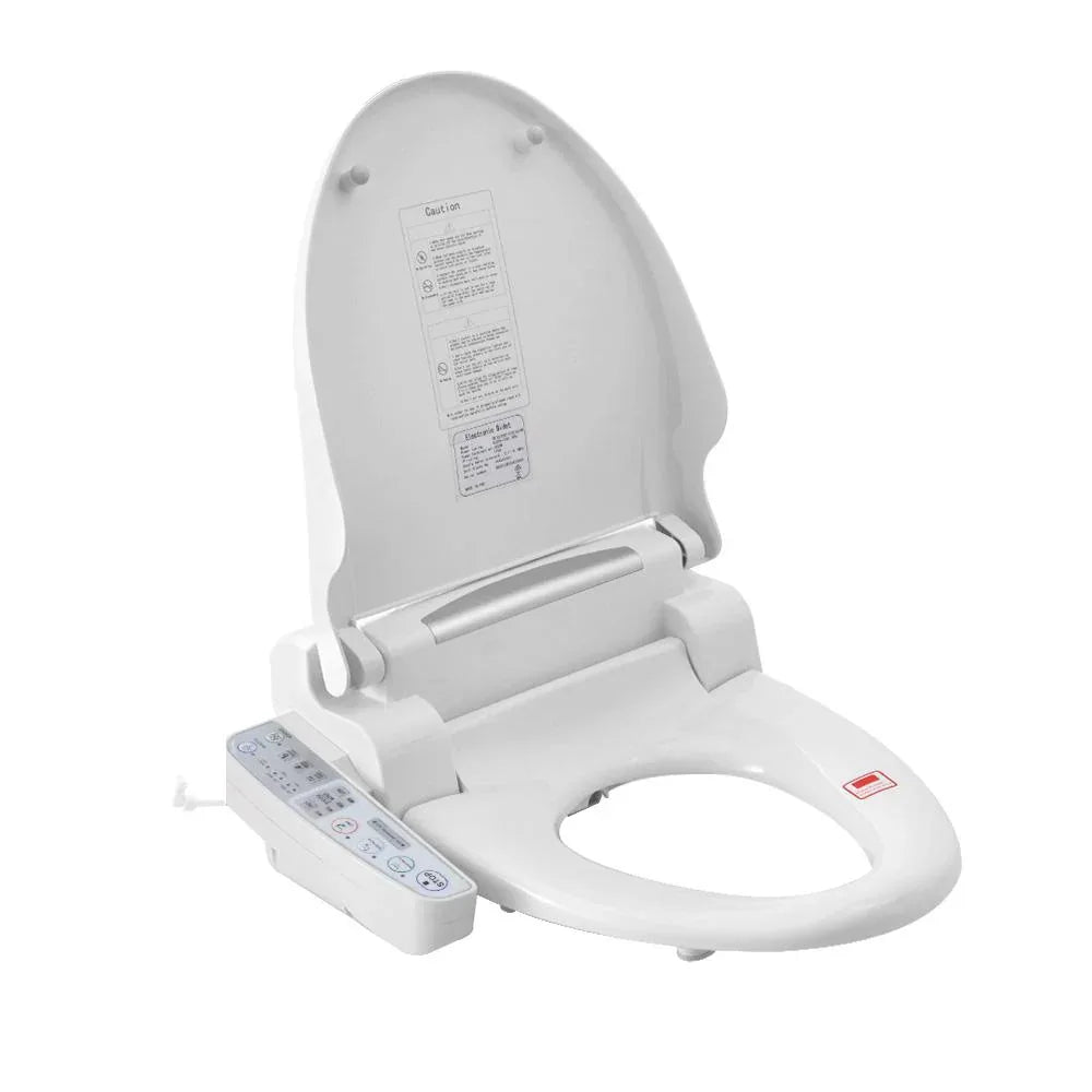 Close-up of a white electronic bidet toilet seat with control buttons on the side.